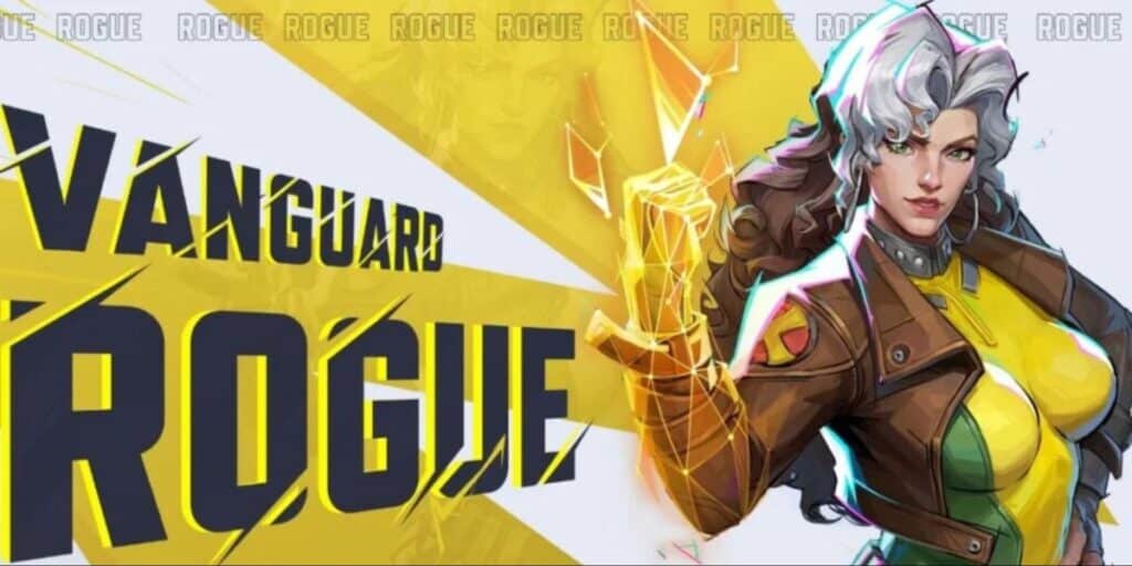 Illustration of a superhero woman in a brown jacket and green-yellow outfit. She has white-streaked hair and a glowing fist. The text reads "Vanguard Rogue" on a dynamic yellow background