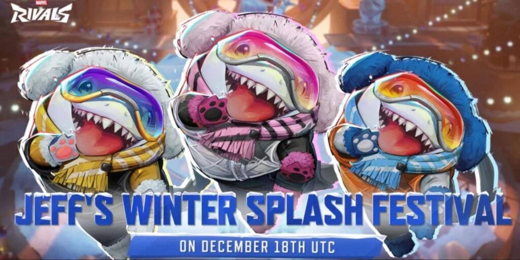 Cute shark named Jeff from Marvel Rivals dressed in colorful winter outfits with scarves and paw mittens joyfully dance