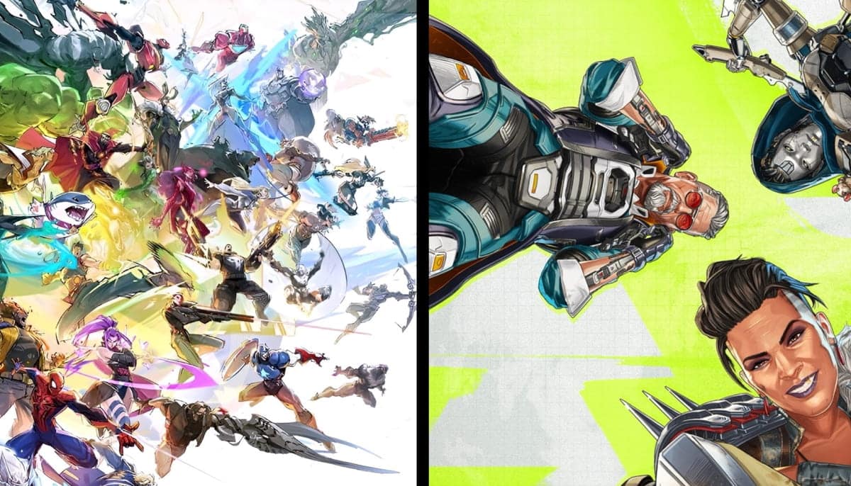 The image shows the covers of two different games: Marvel Rivals (left) and Apex Legends (right)
