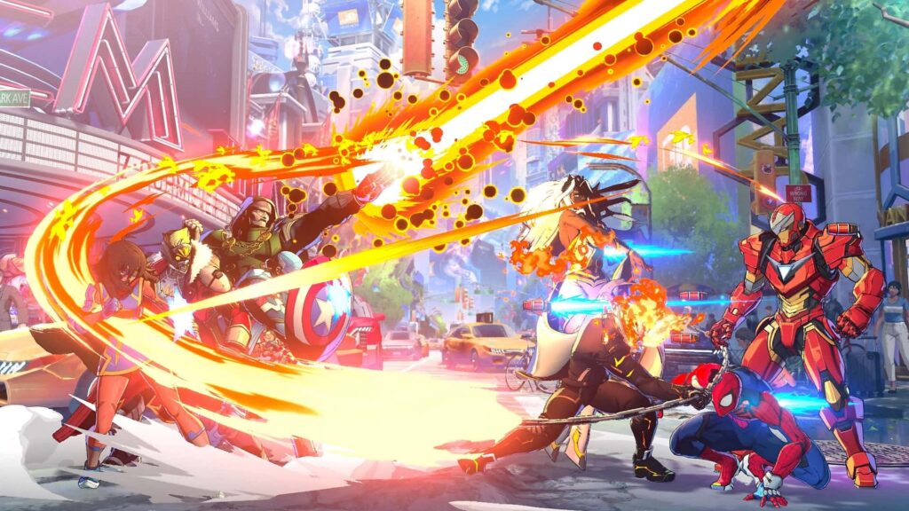 The image shows gameplay from Marvel Tōkon: Fighting Souls, a 4-on-4 team fighting game from Arc System Works and Marvel Games. 