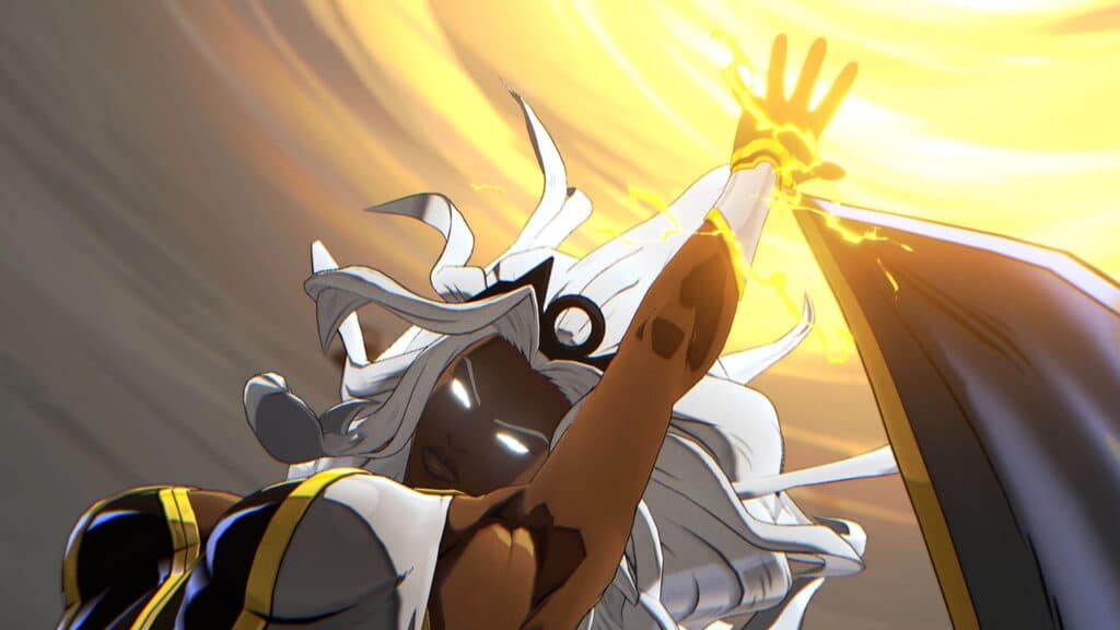 The image is taken from Marvel Tōkon: Fighting Souls, a 4-on-4 fighting game developed by Arc System Works. The image shows Marvel Comics character Storm (Ororo Monroe) activating her powers