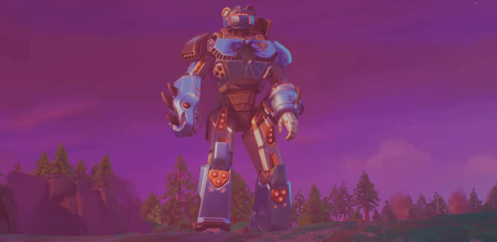 Der Anführer des Mecha-Teams steht während des Fortnite Zero Hour-Finales bereit auf dem Schlachtfeld