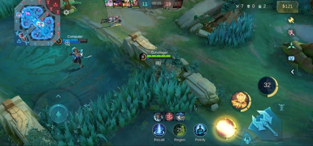 A hidden hero prepares to engage an enemy in Cell Legends: Bang Bang in the middle of a midlane skirmish