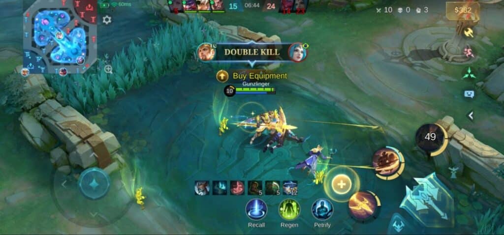 A hero secures a double abolish in the middle of a teamfight in Cell Legends: Bang Bang, dominating the midlane