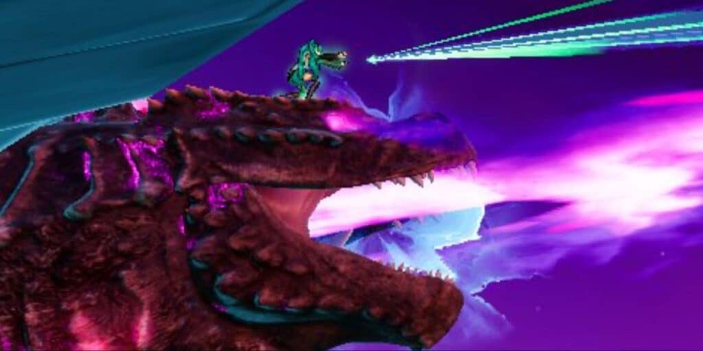 Hatsune Miku feuert einen Strahl ab, während sie während des Fortnite Zero Hour-Kampfes auf Godzilla reitet