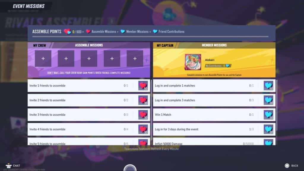 The Marvel Rivals Assemble Event mission screen displaying crew slots and captain/member tasks