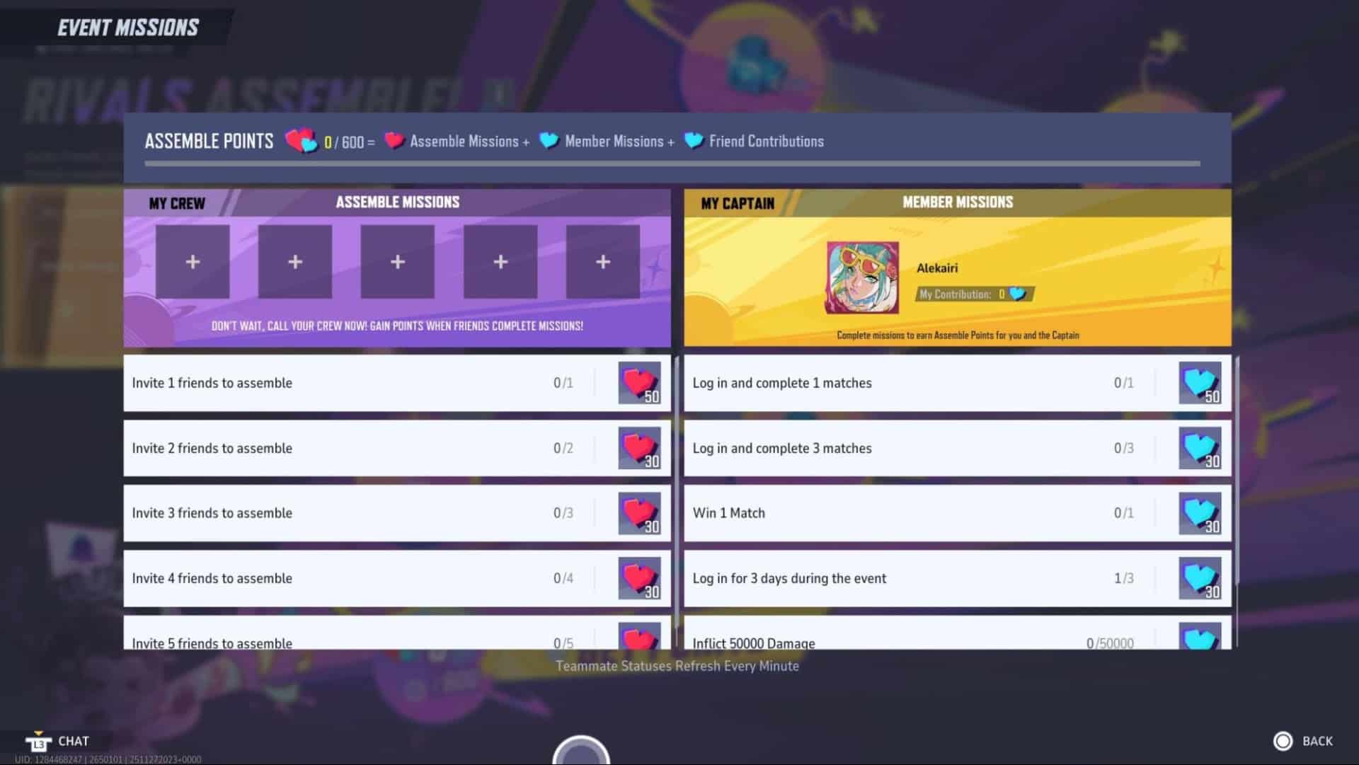 The Marvel Rivals Assemble Event mission screen displaying crew slots and captain/member tasks