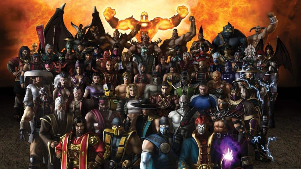 The full cast of fighters from Mortal Kombat: Armageddon gathered in a massive group lineup