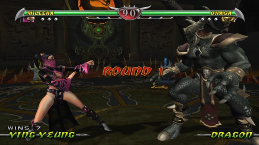 Mileena faces the Dragon King Onaga at the start of a match in Mortal Kombat: Deception