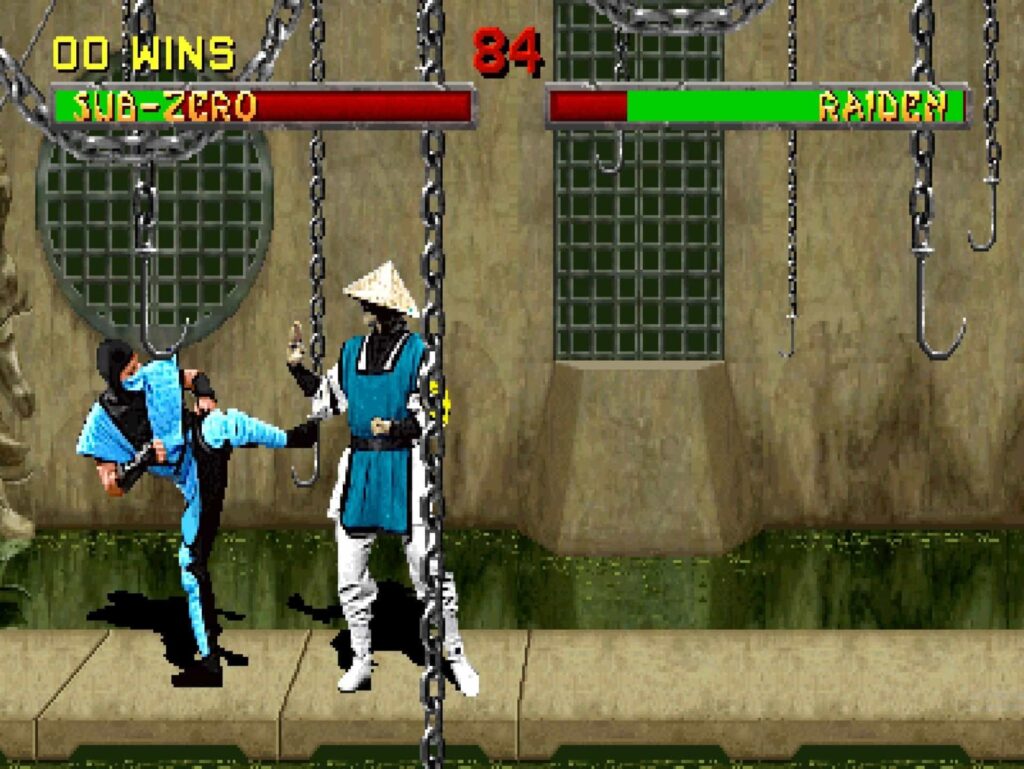 Sub-Zero lands a kick on Raiden during a match in Mortal Kombat 2