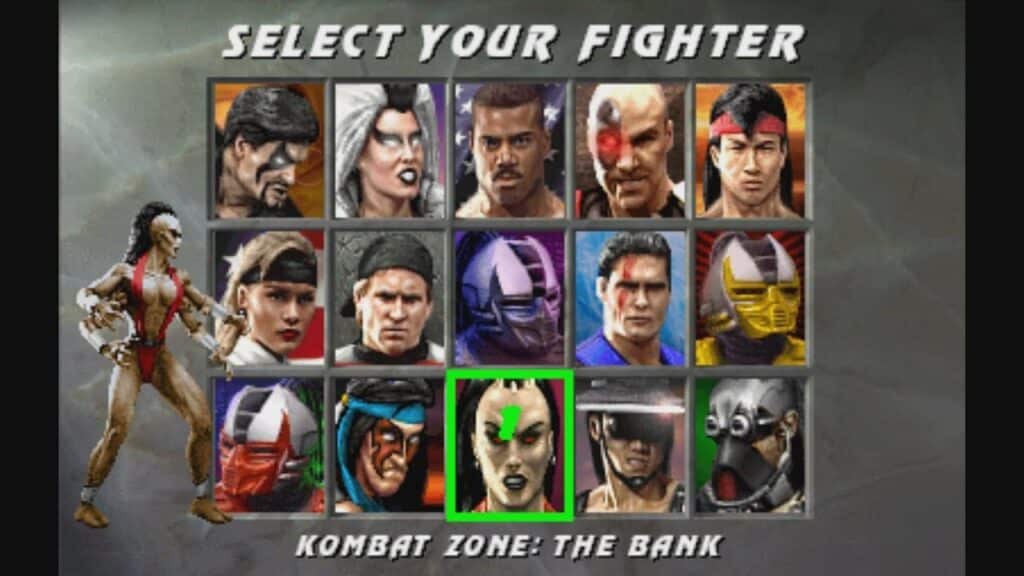 The character selection screen from Mortal Kombat 3 highlights Sindel as the chosen fighter