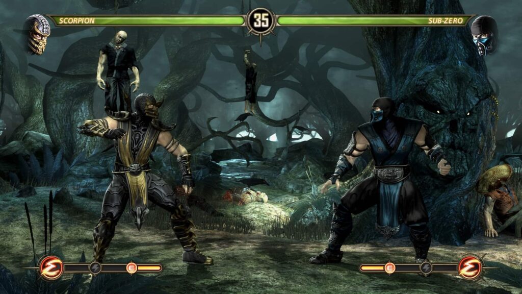 Scorpion and Sub-Zero face off in a tense forest arena in Mortal Kombat 9