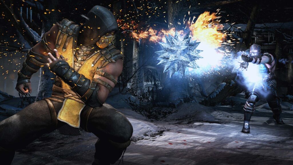 Sub-Zero launches an ice blast at Scorpion during a snowy battle in Mortal Kombat X