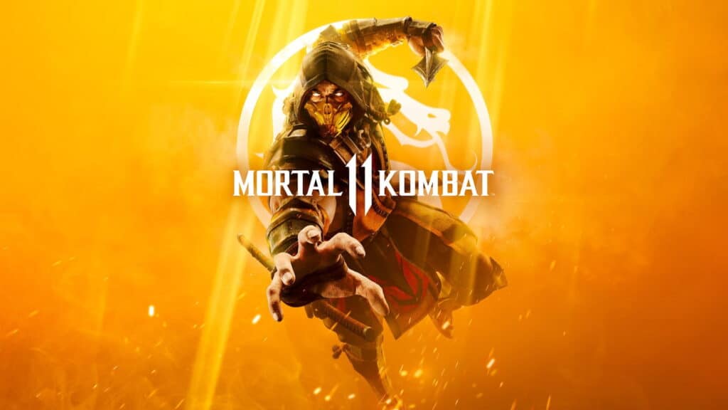 Scorpion lunges forward in the fiery promotional art for Mortal Kombat 11