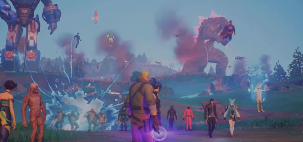 Eine Gesamtaufnahme von Helden und Kreaturen, die sich im Rahmen des Fortnite Zero Hour-Events zum Kampf versammeln