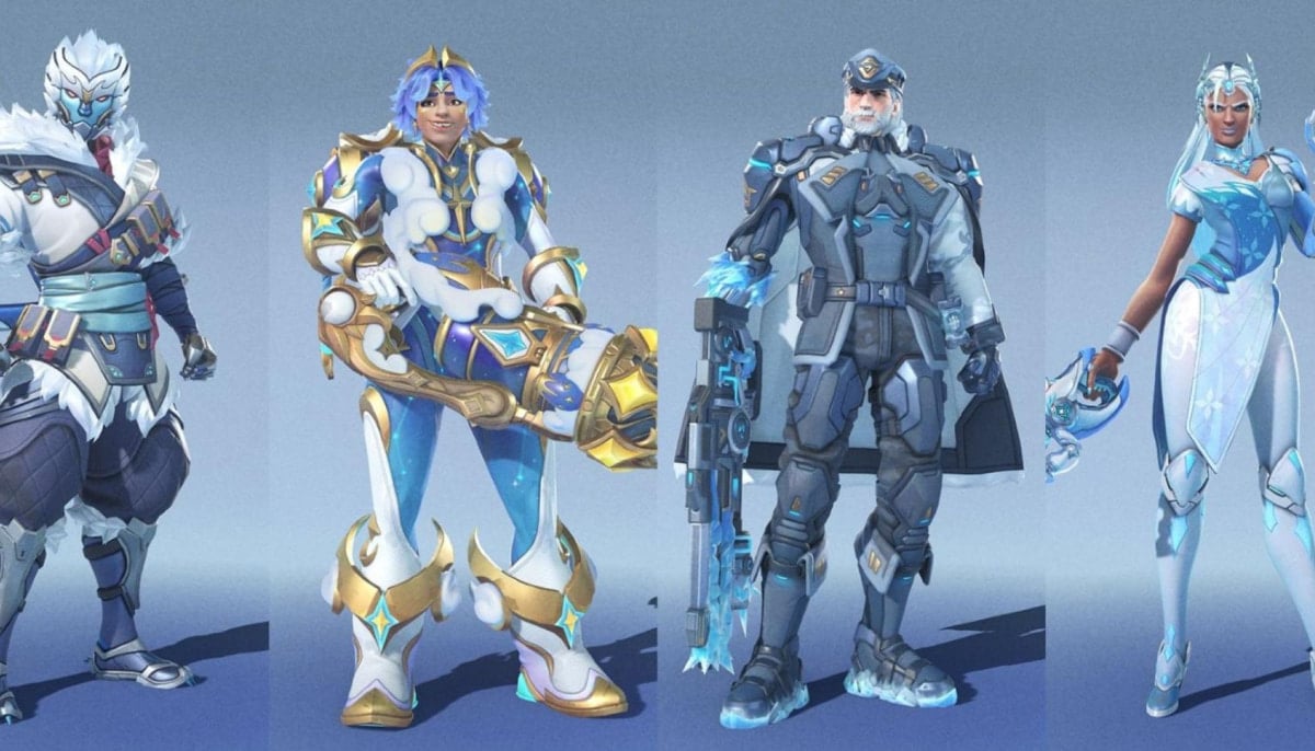 The image shows skins from the 20th season of the Overwatch 2 battle pass. From left to right, the skins shown are for Genji (Yukizaru Genji), Venture (Celestial Venture), Soldier: 76 (Colder: 76), and Illari (Ice Crystal Symmetra)