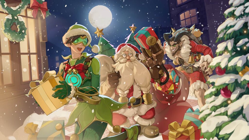The image shows characters from Overwatch 2 in festive outfits in honor of the Winter Wonderland event