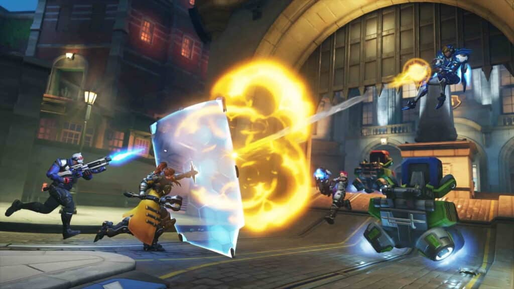 The image is taken from the game Overwatch 2. The screenshot shows gameplay in "Stadium" mode featuring several heroes