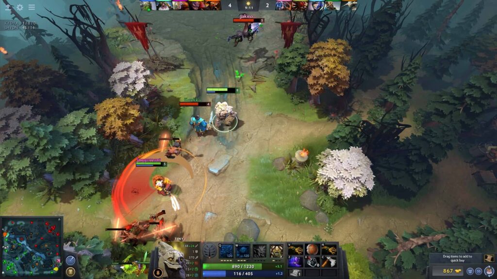 Captura de pantalla que muestra un momento de Dota 2, concretamente el enfrentamiento entre los héroes Tiny y Jakiro en la parte central del mapa.