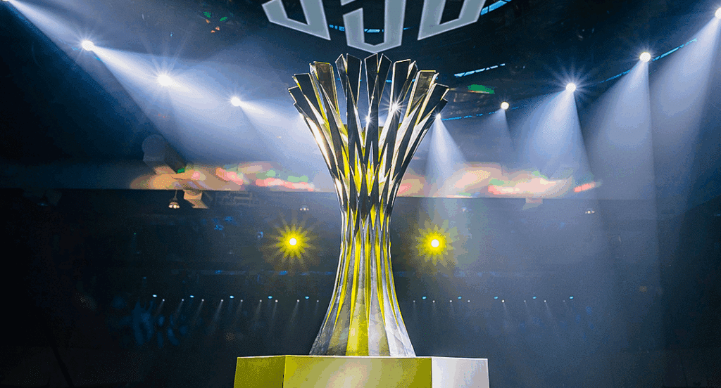 PUBG United event's PUBG Global Championship Grand Finals trophy on stage 