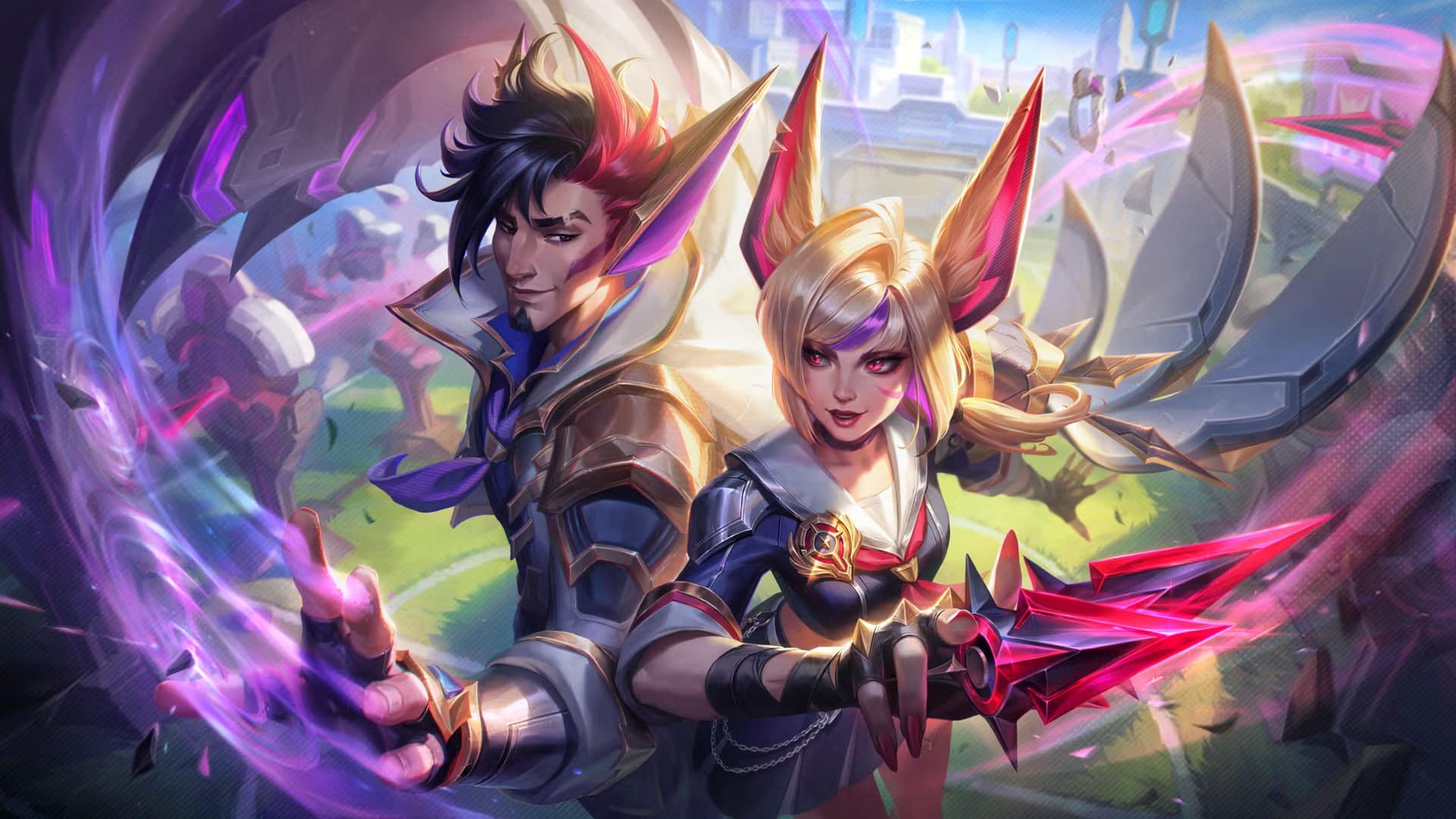 Das Bild zeigt die League of Legends-Champions Xayah und Rakan in ihren Skin-Serien-Outfits der Battle Academia