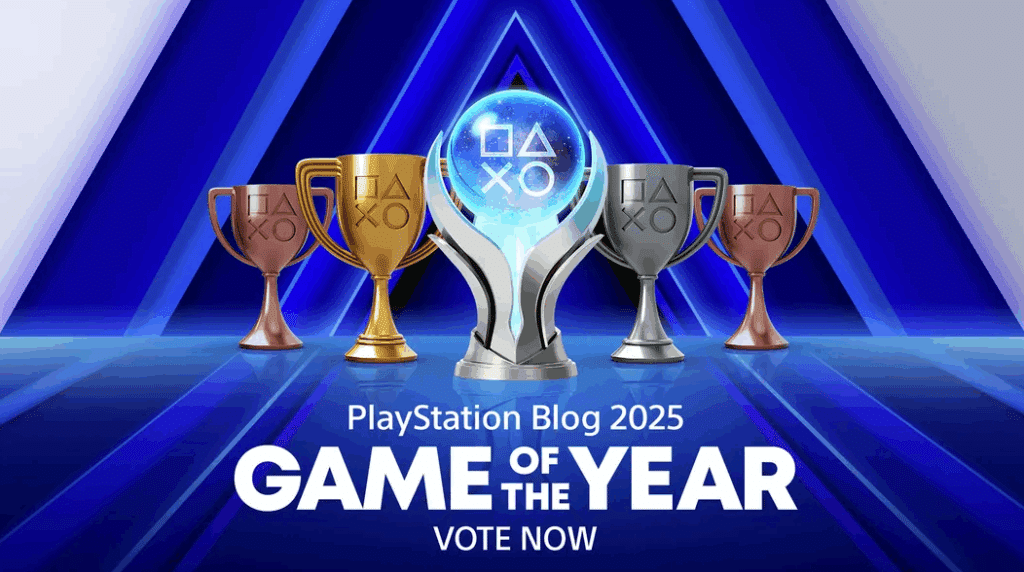 PlayStation Blog Game of the Year 2025 awards announcement graphic featuring PlayStation trophies