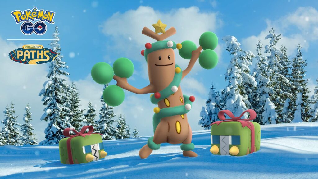 A festive Pokémon resembling a tree adorned with ornaments stands cheerfully in a snowy landscape, flanked by two green gift boxes