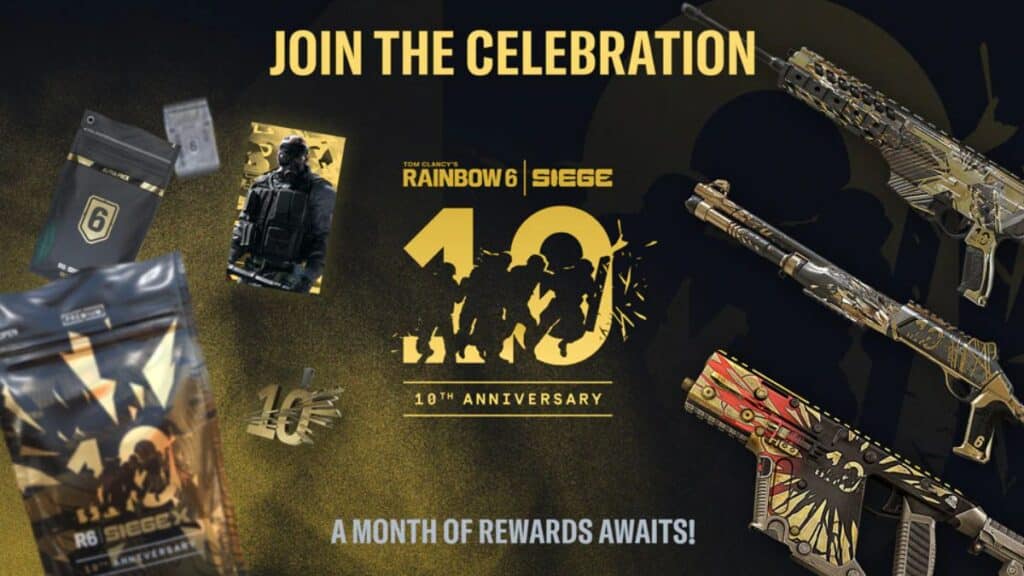 Rainbow Six Siege 10th Anniversary celebration banner featuring in-game rewards, including themed packs and weapon skins