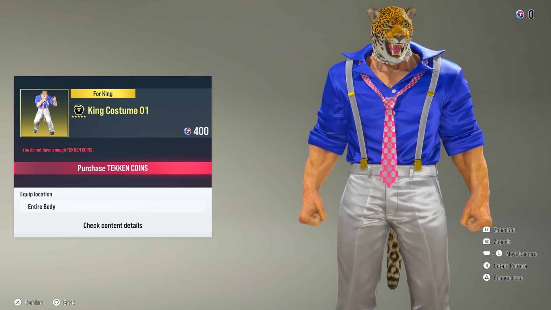 Das Bild zeigt den Charakter King aus dem Spiel Tekken, genauer gesagt den Anpassungsbildschirm für das „Königskostüm 01“ in Tekken 8