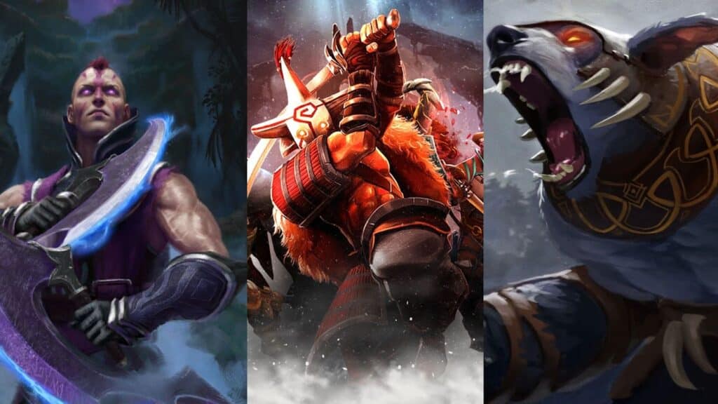A imagem mostra personagens do jogo Dota 2. Da esquerda para a direita, são Anti-Mage, Juggernaut e Ursa