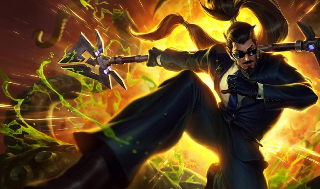 A covert operative launches a dynamic attack in League of Legends’ Secret Agent theme
