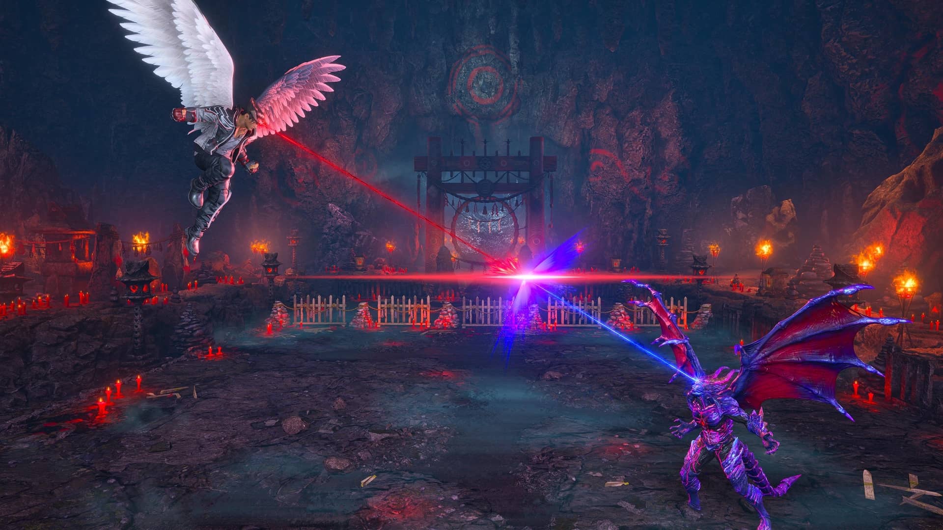 Das Bild stammt aus dem Kampfspiel Tekken 8. Es fängt den Höhepunkt des Story-Modus ein, in dem Jin Kazama (links, in Form von Angel Jin) gegen Kazuya Mishima (rechts, in Form von True Devil Kazuya) kämpft.