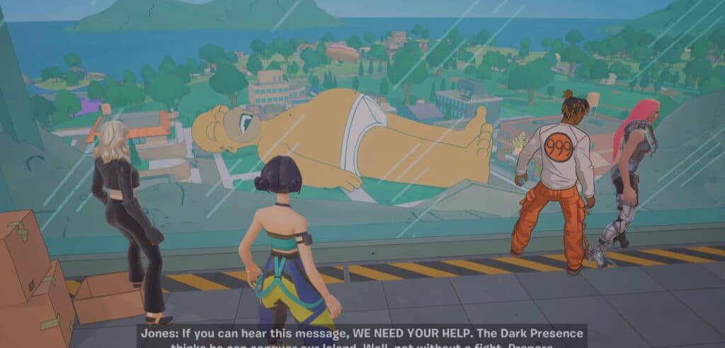Charaktere blicken im Rahmen des Fortnite Zero Hour-Setups auf einen riesigen schlafenden Homer Simpson herab