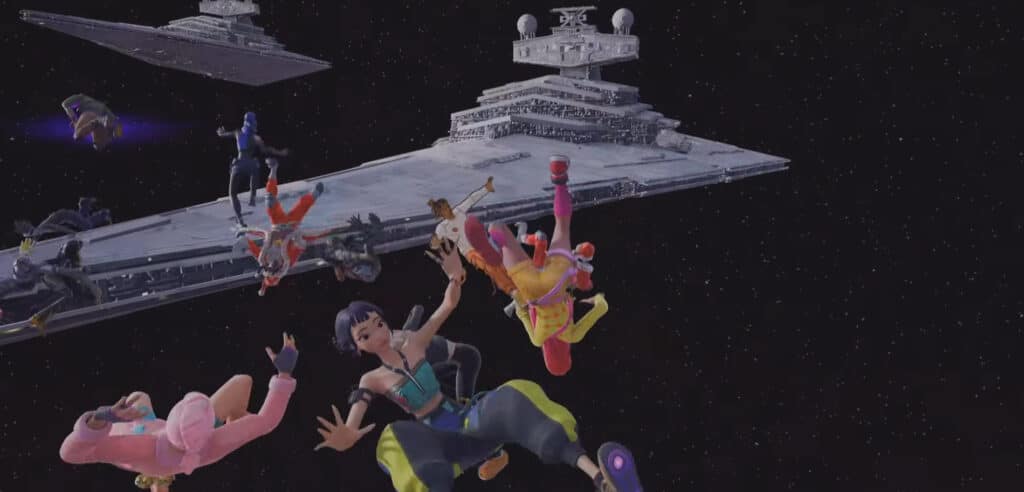 Charaktere stürzen während eines chaotischen Fortnite Zero Hour Rift-Sprungs durch den Weltraum an Sternenzerstörern vorbei