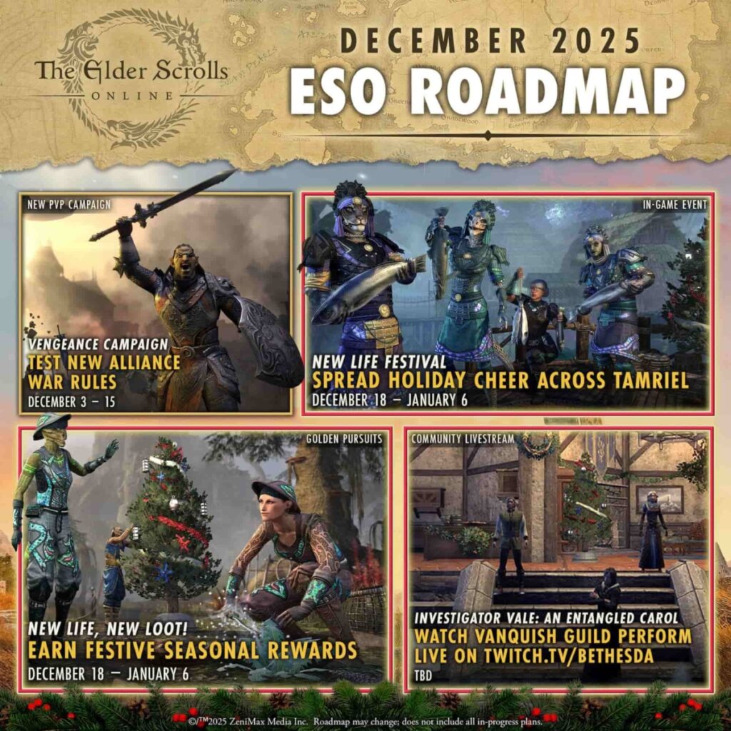 The image is a roadmap of events for the multiplayer online game The Elder Scrolls Online (ESO) for December 2025