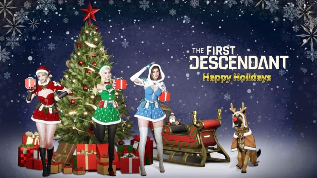 Festive scene with three women in holiday outfits, holding gifts near a decorated Christmas tree. A sleigh and reindeer dog are beside them. Text reads “The First Descendant, Happy Holidays”