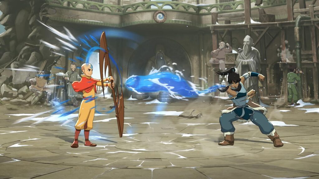 Aang and Korra battle in the arena of the upcoming Avatar Legends: The Fighting Game, a 2D fighter with hand-drawn art