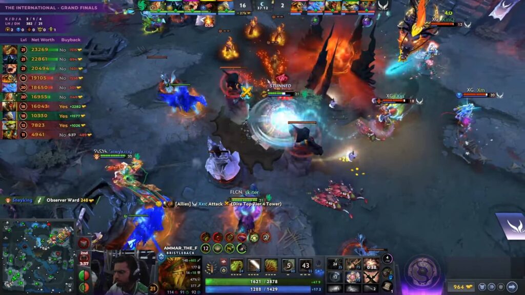 The image shows a moment from the grand final of The International 2025 Dota 2 tournament between Xtreme Gaming (XG) and Team Falcons (FLCN)