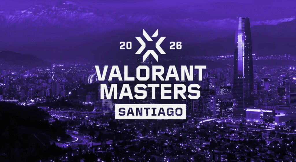 VALORANT Masters Santiago purple logo graphic featuring Santiago, Chile background