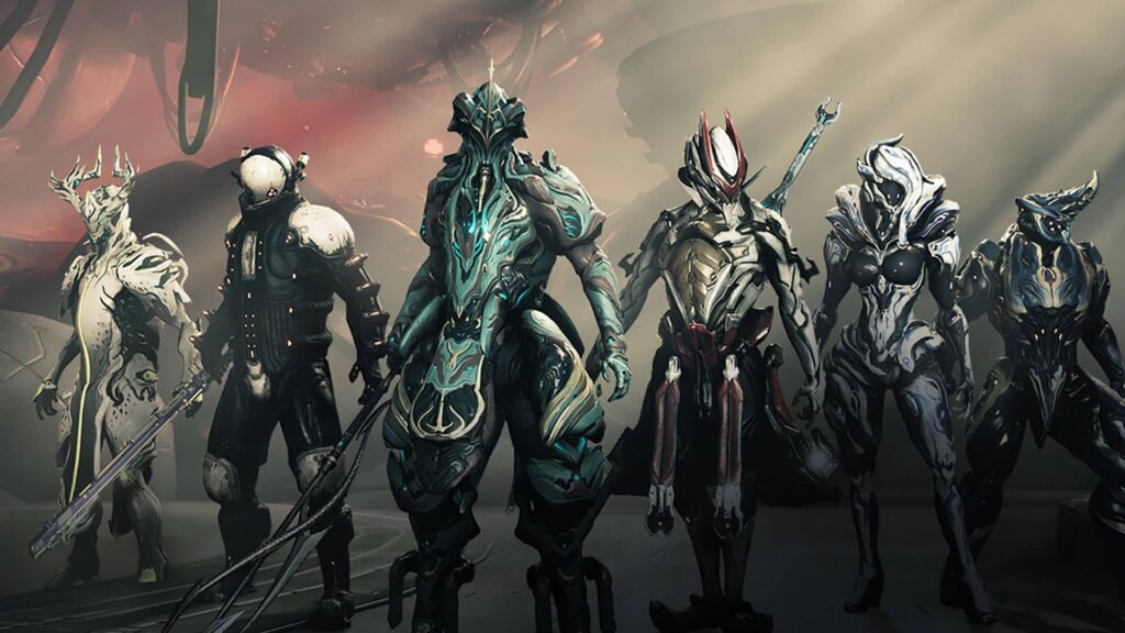 Characters from Warframe stand in a line