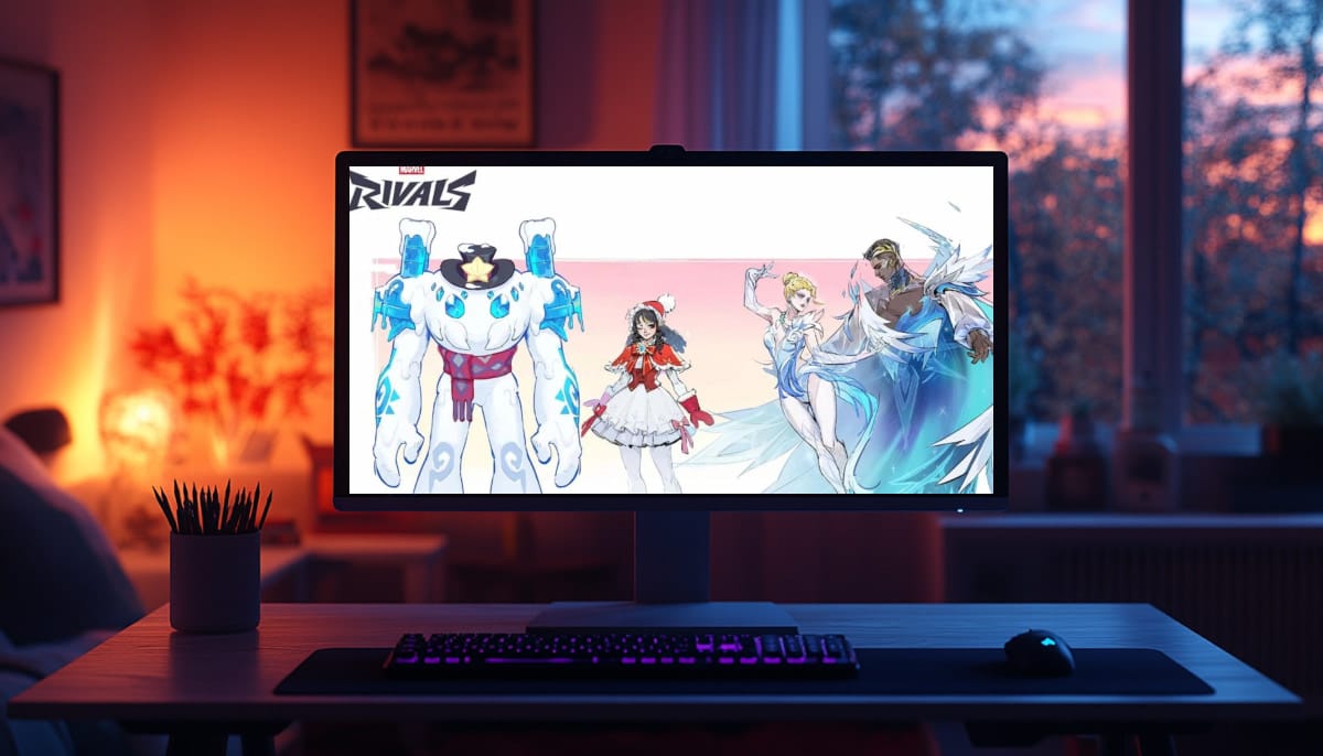 A computer screen on a desk shows Marvel Rivals artwork