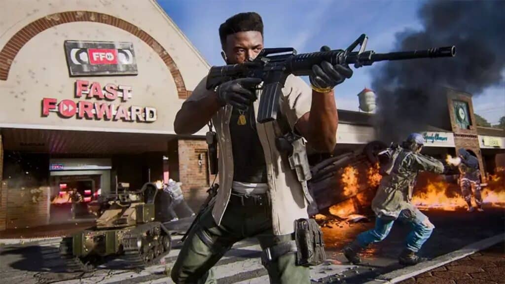 Soldier aiming rifle in front of a burning car outside a store labeled "Fast Forward" in Black Ops 7