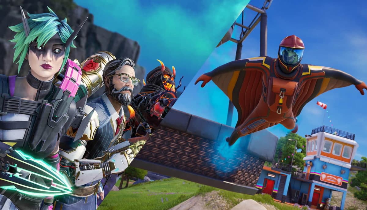 Split image featuring characters from Fortnite and Apex Legends