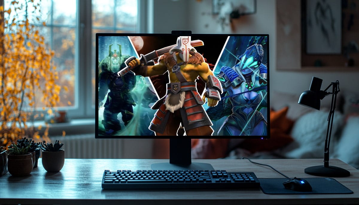 The monitor displays characters from the popular multiplayer online game Dota 2. In the center of the image is a character named Juggernaut