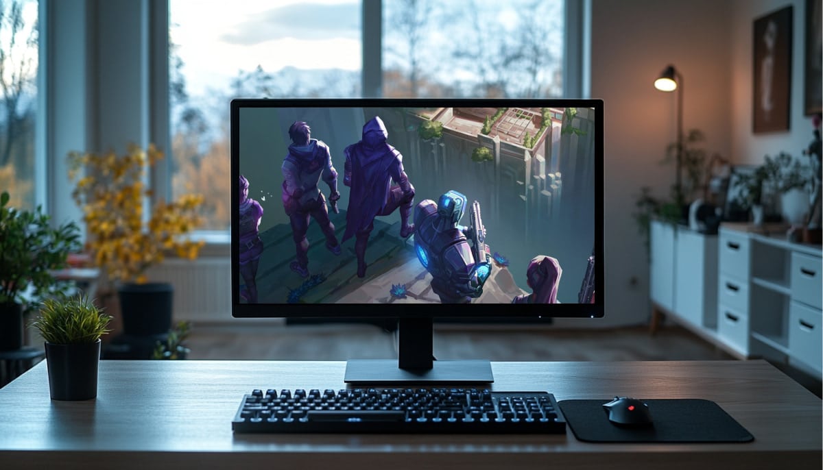 A modern computer desk setup with a monitor displaying a Valorant game scene, featuring armored characters