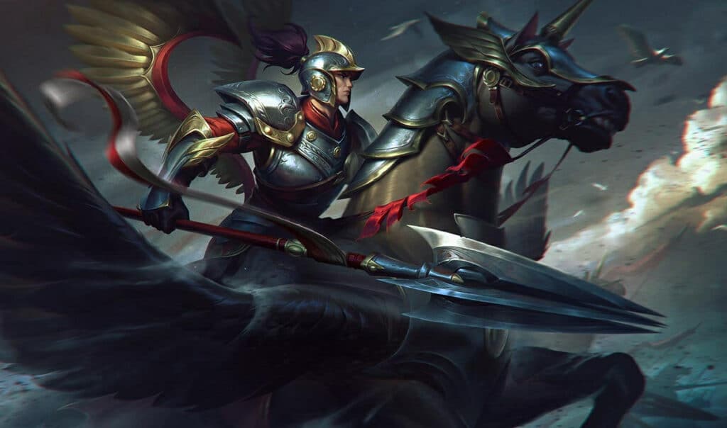 A mounted warrior leads a skybound assault in League of Legends’ Winged Hussar theme