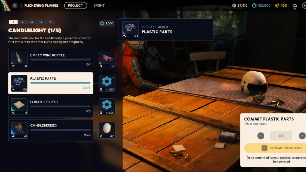 Arc Raiders-Benutzeroberfläche mit einem Handwerksprojektbildschirm namens „Candlelight“. Auf der linken Seite sind die benötigten Materialien aufgeführt, darunter Kunststoffteile, Weinflaschen, strapazierfähiges Tuch und Kerzenbeeren