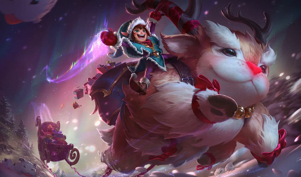 Das Bild ist ein Splash-Art aus dem Videospiel League of Legends und zeigt die Charaktere Nunu und Willump mit ihren "Werkstatt" Haut