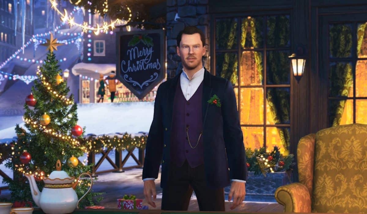 The image shows actor Benedict Cumberbatch as the ambassador for the Holiday Ops 2026 event in World of Tanks