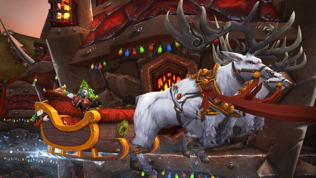 The image depicts the Winter Veil event from World of Warcraft, an in-game equivalent of Christmas and other winter holidays